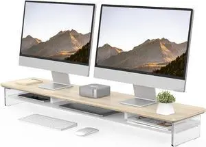 Fenge Acrylic Monitor Stand Riser, 42.5 Inch Clear Dual Monitor Stand with Metal Storage, 2 Tier Computer Riser for Desk, Laptop, Printer, TV