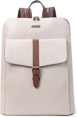 CLUCI Leather Laptop Backpack for Women 15.6 inch Computer Backpack Stylish Travel Backpack Purse for Women Work Daypack Bag Off-white with brown
