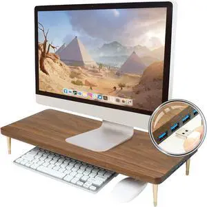 CRAFT KITTIES Monitor Stand with 4 USB Ports Walnut Wood Riser for iMac Laptop Computer Monitor - A Sturdy Computer Stand to Elevate Your Screen and Reduce Eye Strain and Maintain Body Position