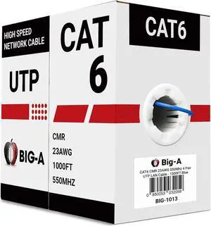 Big-A - Bulk Cat6 Cable 1000ft 23AWG Solid 4 Pair, Cat 6 Ethernet Cable Unshielded Twisted Pair (UTP), (CMR) 550MHz Internet Cable, Pull Box - Blue