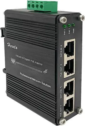 2 Ports Hardened Industrial Gigabit PoE+ Injector 30W Max Per Port 12~48VDC Power Input Support IEEE802.3af/at PoE Device Support 10/100/1000Base-T Compliant with IEEE 802.3ab