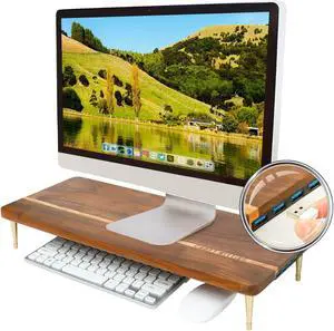 CRAFT KITTIES Monitor Stand Wood Riser with 4 USB Ports, Computer Monitor Stand with America Walnut Data Transfer Charging Hub -Compatible with Computer, Mac, PCs, Smartphone, 20.5*8.3in