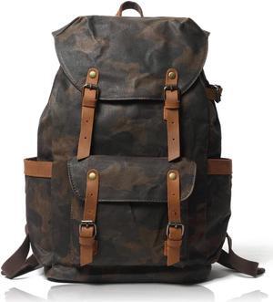 CRUITBILI Camouflage Waxed Canvas Leather Hiking Travel Waterproof Backpack For College Weekend Travel Fit 15in laptops (Rainforest Camouflage)