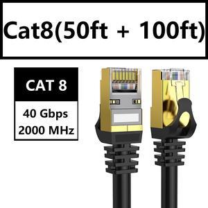 Cat8 (50ft + 100ft)Ethernet Cable Shielded, 26AWG Lastest Solid SFTP Patch Cord, Heavy Duty High Speed Cat8 LAN Network RJ45 Cable- in Wall, Outdoor, Weatherproof Rated for Router, Modem, Gaming