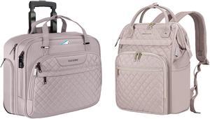 EMPSIGN 17 inch Laptop Backpack Purse with USB port & 15.6 inch Rolling Laptop Bag with RFID Pockets, Quilted Grey Pink