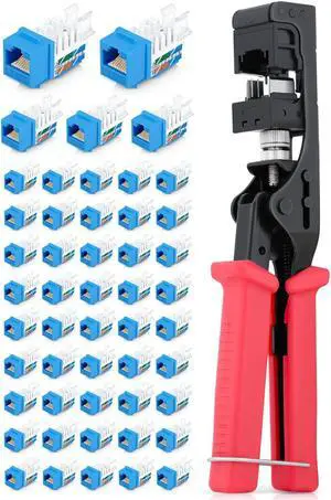 Everest Media Solutions Bundle - 2 Items: 45Term - Speed Termination Tool + 50 Pack of 45-Degree Angled RJ45 Cat6 Keystone Jacks in Blue Color