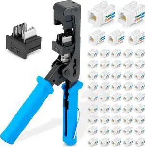 Bundle - 3 Items: easyJACK - 90deg Angled Speed Termination Tool + Replacement Head + of 90deg Angled Cat6 Keystone Jacks in White (50 Pack)