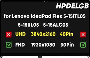 HPDELGB Screen Replacement for Lenovo IdeaPad Flex 5-15ITL05 5-15IIL05 5-15ALC05 Series 81X3 82HT 81X30 5D10S39643 5D10T77944 LCD Touch Screen Digitizer Assembly Bezel with Board FHD 1920x1080-30Pin