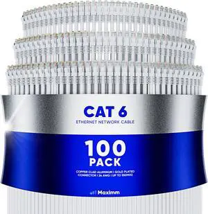 Maximm Cat 6 Ethernet Cable 8 ft (100-Pack) - High-Speed LAN Cable, Internet Cable, Patch Cable, and Network Cable - UTP, 10Gbps, 550MHz Ethernet Cord - White