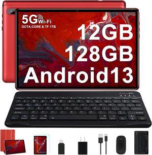 2024 Newest Tablet Android 13 Tablet 10 inch Octa-Core 2.0 GHz with 12GB RAM 128GB ROM, 5G WiFi, 6000mAh, HD IPS Touchscreen, Bluetooth 5.0, 1280 * 800, 5+8 MP Tablet with Keyboard Mouse - Red
