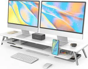 Fenge Dual Monitor Stand, Monitor Stands Riser for 2 Monitors, 42.5 Inch Wood Desk Shelf with Storage Organizer and Cable Management for Office Desk Accessories