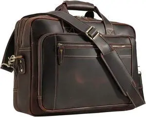 Masa Kawa Full Grain Leather Briefcases for Men Fits 17 Inch Laptop Computer Bag Vintage Brown Business Travel Messenger Crossbody Shoulder Bags Attache Case