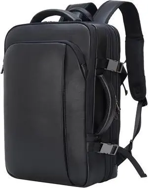 Masa Kawa Black Leather 15.6 Inch Laptop Backpack for Men Expandable 36L Business Travel Rucksack Carry On Personal Item Backpack Daypack Weekender Bag
