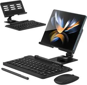 Enituo Wireless Bluetooth Keyboard Stand & Mouse Set for Samsung Galaxy Z Fold 7 6 5 4 & Fold Smartphones, Portable Travel Keyboard Adjustable Foldable Desk Holder with Pen for 4.7"-8.5" Mini Tablets