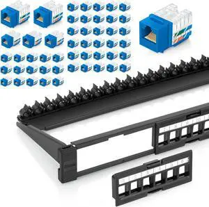 Everest Media Solutions Bundle - 2 Items: 24-Port Keystone Patch Panel + 50 Pack of RJ45 CAT6 Keystone Jacks - Blue