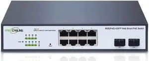 Fastcabling 8-Port Gigabit Web Smart PoE+ Switch, 2 SFP Slots, Up to 30W, IEEE802.3at, 120W Power Budget, Managed Switch, Support VLAN, QoS, MAC, Plug-and-Play, Desktop/Wall Mount Fastcabling 8-Port Gigabit Web Smart PoE+ Switch, 2 SFP Slots, Up to 30W, IEEE802.3at, 120W Power Budget, Managed Switch, Support VLAN, QoS, MAC, Plug-and-Play, Desktop/Wall Mount