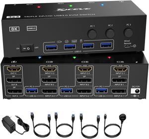 KVM Switch 3 Monitors 3 Computers, Displayport KVM Swtiches 8K@60Hz 4K@144Hz, HDMI+2 Displayport KVM Switch 3 Monitors 3 Computers with 4 USB 3.0 Hub Keyboard Mouse Printer, Support Extended Mode