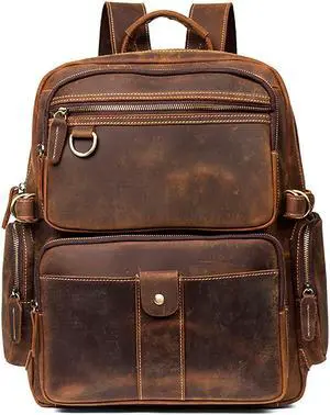 PAHVRION Men's Vintage Leather Backpack Casual Daypack Fits 15.6 Inch Laptop Brown Travel Rucksack Business Work Hiking Daypack