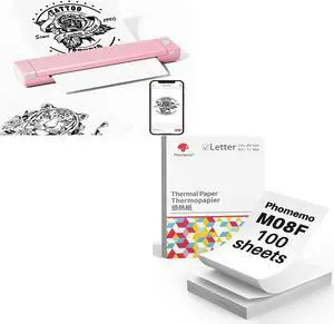 Phomemo M08F Wireless Tattoo Stencil Printer Pink & US Letter Folding Thermal Paper Size 8.5" x 11",100 Sheets, Inkless Thermal Compact Printer, Compatible with Android and iOS Phone & Laptop