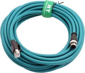 HangTon M12 4 Pin D-Code Male to RJ45 Ethernet Network Cat5e Cable for Omron Datalogic Keyence Sensor PC Profinet Network CCTV Control Power 15m