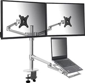 Height Adjustable 3 in 1 Laptop Monitor Stand Compatible with 13 to 17.3 inch Laptop, Hold 2 Monitors 11 to 27 inch with Vesa, Monitor Desk Stand arm Riser Mount Stand Workstation (Silver)