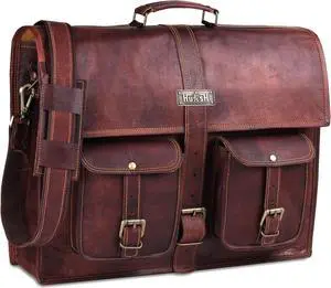 HULSH Leather Messenger Bag for Men 18 Inch, Vintage Handmade Genuine Leather Laptop Briefcase Computer Satchel Bag for Office Travel Use (Brown)