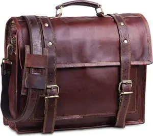 HULSH Leather Briefcase for Men, Best 18 Inch Leather Laptop Bag for Men, Vintage Handmade Rustic Leather Bag, Genuine Leather Computer Messenger Satchel Bag W/Retro Look