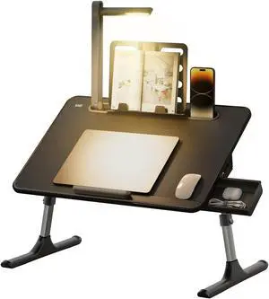 Laptop Table with LED Desk Light, SAIJI Laptop Stand for Bed, Height Adjustments Bed Desk with Book Stand for Reading Writing Drawing (Black)