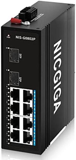 NICGIGA 8 Port Industrial Gigabit PoE Ethernet DIN-Rail Switch, with 8 x 30W PoE Ports @245W + 2 SFP Uplink Network Switch. IP40 Metal Enclosure(-30deg to 75deg)