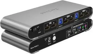 Terived 2 Computers 2 HDMI Monitors KVM Switch 4K@60Hz, Hotkey Switching, EDID, Audio and Microphone, Aluminum Alloy Shell,Digital Display, Dual Monitor USB 3.0 Hub, HDR10 with Cables