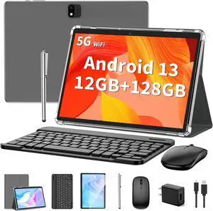 Android Tablet with Keyboard, Android 13 Tablet, 12GB+128GB, 1TB Expand, 2 in 1 Tablet, 10 inch Tablet with Case, Mouse, Stylus, 8000mAh Battery, 2.4G/5G WiFi, GPS, Google Certified Tablet PC, Silver