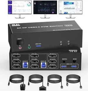 DisplayPort KVM Switch Triple Monitor 8K DP for 2 Computers Share 3 Monitors 1 Set Keyboard Mouse Printer Flash Disk PC Extended Display 8K@60Hz 4K@120Hz with 3 USB3.0 Port Remotely Swtich Controller