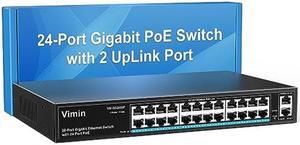 VIMIN 24 Port Gigabit PoE Switch with 2 Uplink Gigabit Ports, 26 Port Unmanaged PoE Ethernet Switch with 320W Power, Support IEEE802.3af/at, VLAN, Metal Housing, 19 inch Rack-Mount, Plug and Play