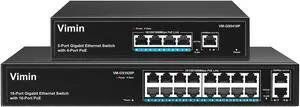 VIMIN 4 Port Gigabit PoE Switch with 1 Uplink Port & 16 Port Gigabit PoE Switch with 2X Gigabit Uplink Port , Support IEEE802.3af/at, One-Key VLAN, Plug and Play, Metal Case