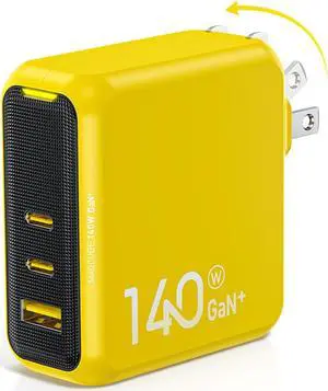 AOHI Magcube 140W USB C Charger PD3.1 3-Port GaN+ Laptop Wall Charger 100W Fast Charging Power Adapter Foldable Plug for MacBook Pro 16'', Dell XPS, iPad Pro, Galaxy, iPhone 15 Pro, Chromebook, Yellow