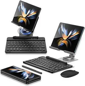 SHIEID Galaxy Z Fold 4 Stand, 360degRotate POS Tablet Stand, Zip Pull Out, Lntegrated Folding Design Set [Folding Bracket/Keyboard/Mouse/Capacitor Pen] Stand Fits Galaxy Z Fold5/Fold4/Fold3, Silver