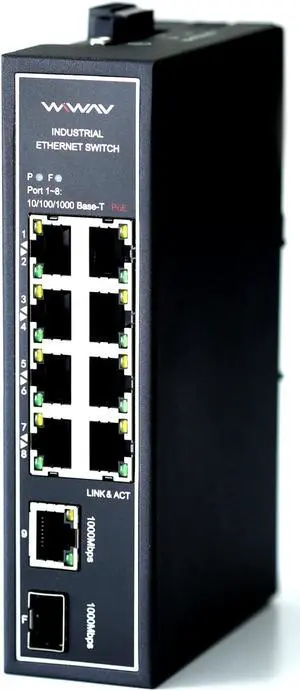 WIWAV WDH-9GT1GF-POE 10/100/1000Mbps 10-Port PoE Gigabit Unmanaged Industrial Ethernet Switches with DIN Rail/Wall-Mount (UL Listed, Fanless, -30°C to 75°C)