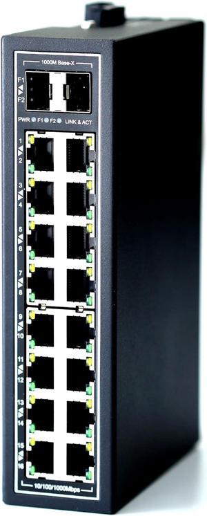 WIWAV WDH-16GT2GF-DC 10/100/1000Mbps Unmanaged 18-Port Gigabit Industrial Ethernet Switches with DIN Rail/Wall-Mount (UL Listed,Fanless,-30~75)