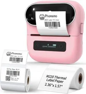 Phomemo M220 Pink Label Maker, Bluetooth Barcode Printer, New Version Versatile Label Makers with 1 Roll 40 * 30mm Thermal Label Paper,1 Roll 60 * 40mm Label Tapes