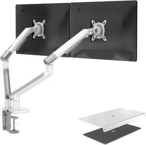 WALI Bundle - 2 Items: Dual Monitor Stand White Arms and Steel Reinforcement Plate