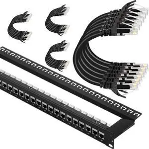 Rapink Patch Panel 24 Port Cat7 Bundle with Patch Cables Cat6 1ft 24 Pack Black