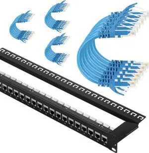 Rapink Patch Panel 24 Port Cat7 Bundle with Patch Cables Cat6 1ft 24 Pack Black