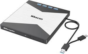 Wbacon External Blu Ray Drive, 4K BD Player USB 3.0 Type-C Portable Blu Ray Player Ultra HD for Mac Laptop PC,CD Burner Read/Write 3D 4K Optical Drive Blu Ray Burner Compatible with Windows and Mac OS