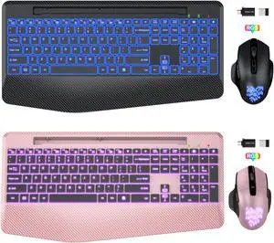 SABLUTE 2 Pack Black & Rose Gold Wireless Keyboard and Mouse Combo Backlit, Jiggler Mouse, Ergonomic Rechargeable Duo with Wrist Rest, Phone Holder, Silent Light Up Cordless Set for Windows, Mac