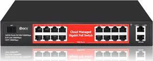 STEAMEMO 16 Port Gigabit PoE Switch, Smart Managed Gigabit Ethernet Switch, 16 PoE+ Ports@240W, Plug and Play, Vlan, Fanless, Desktop or Rackmount, Overload Protection w/ Port