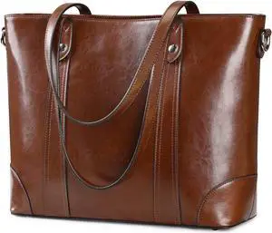 S-ZONE Leather Tote Bag for Women Office Shoulder Handbag 15.6 Inch Work Laptop Briefcase (Dark Brown)