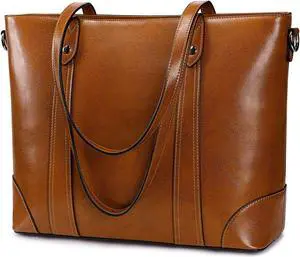 S-ZONE Leather Tote Bag for Women Office Shoulder Handbag 15.6 Inch Work Laptop Briefcase (Brown)