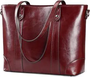 S-ZONE Leather Tote Bag for Women Office Shoulder Handbag 15.6 Inch Work Laptop Briefcase (Wine Red)