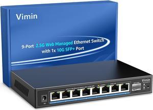 VIMIN 8 Port 2.5G Web Managed Ethernet Switch with 10G SFP, 9 Port 2.5 Gigabit Smart Network Switch Managed Support Vlan/QoS/IGMP/Static Aggregation, Desktop/Wall-Mount, Fanless, Work for 2.5G NAS