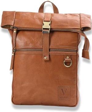 Volksy Bags Genuine Leather Backpack for Women, Roll Top Backpack, Laptop Bookbag, Roll On Vintage Rucksack for College, Work & Travel, Brown, Medium - 15.3 Inch
